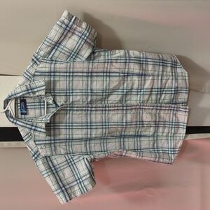 Boy's Wrangler Button Down Shirt Size Large Blue Green White Plaid Short Sleeve